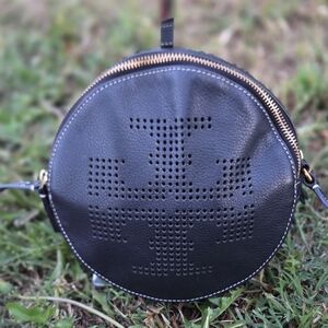 TORY BURCH PERFORATED LOGO CROSS BODY BAG Round Shoulder Bag Leather BLACK